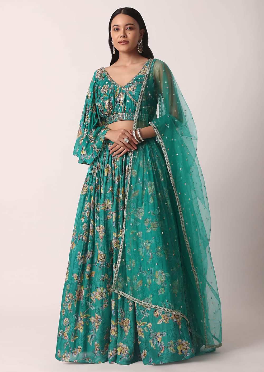 Green Chiffon Lehenga Set With Prints