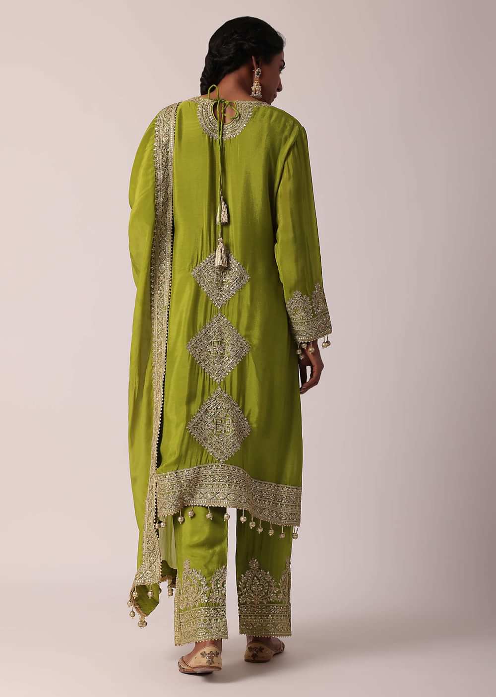 Green Chiffon Pant Set With Zardozi Work Kurta