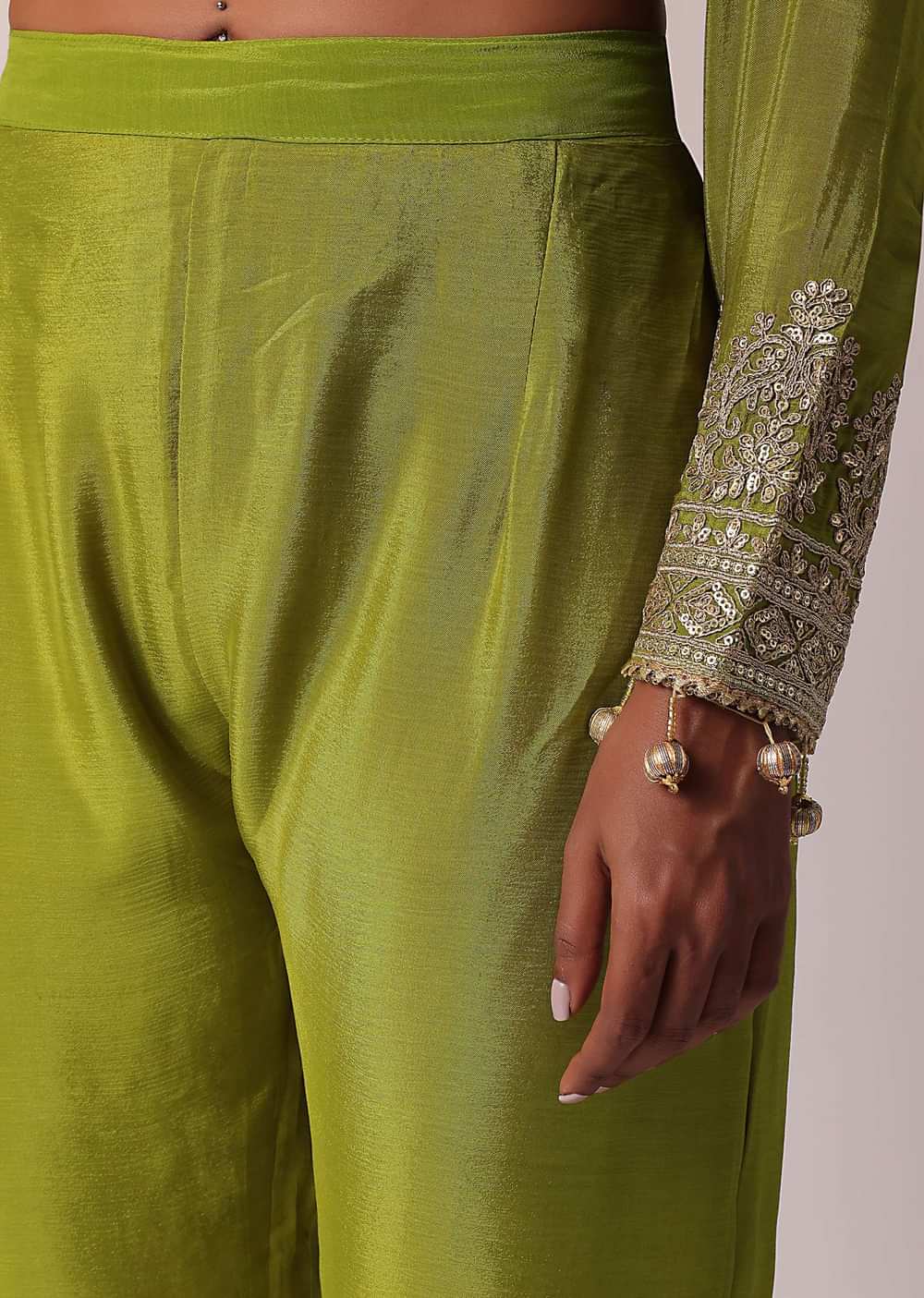 Green Chiffon Pant Set With Zardozi Work Kurta