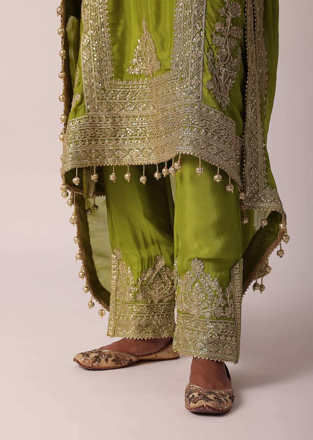 Green Chiffon Pant Set With Zardozi Work Kurta