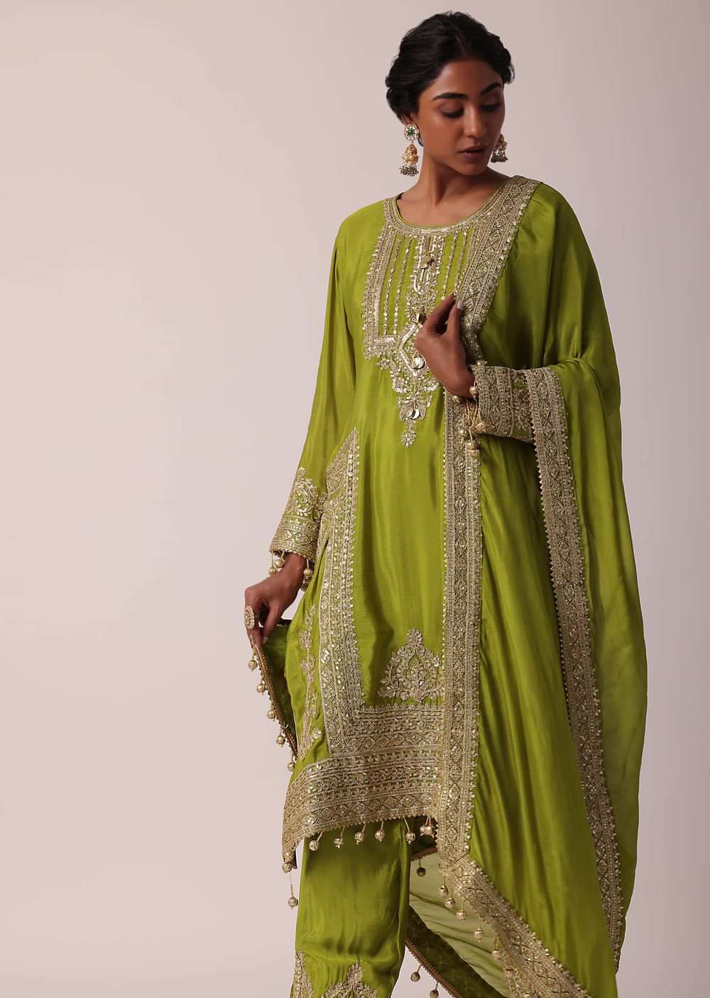 Green Chiffon Pant Set With Zardozi Work Kurta