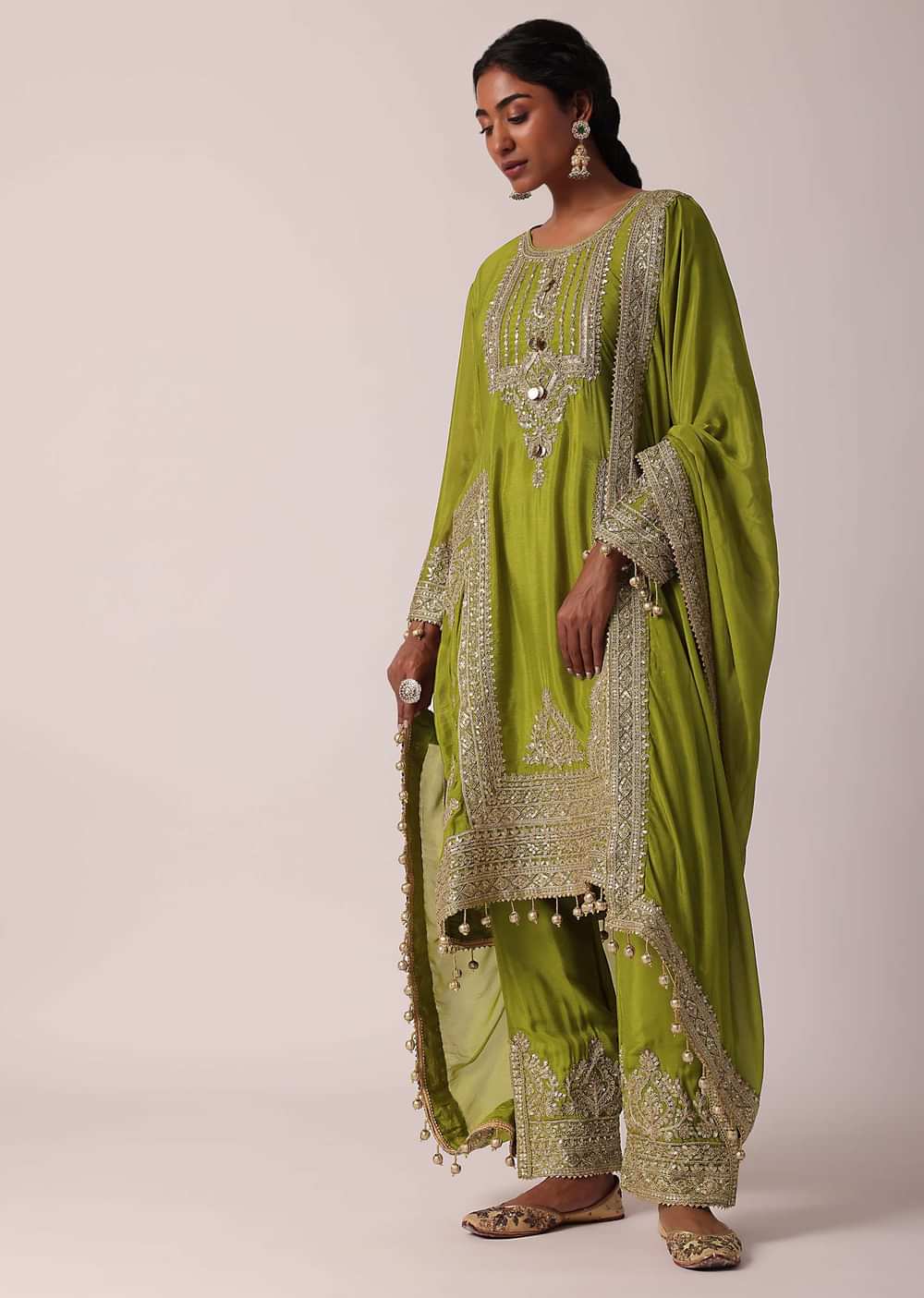 Green Chiffon Pant Set With Zardozi Work Kurta