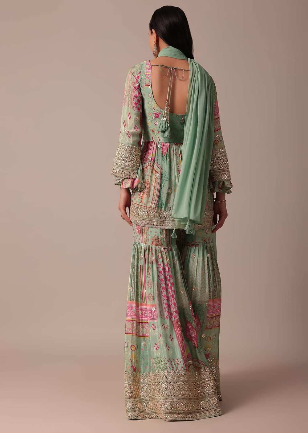 Green Chiffon Sharara Set With Printed Peplum Top