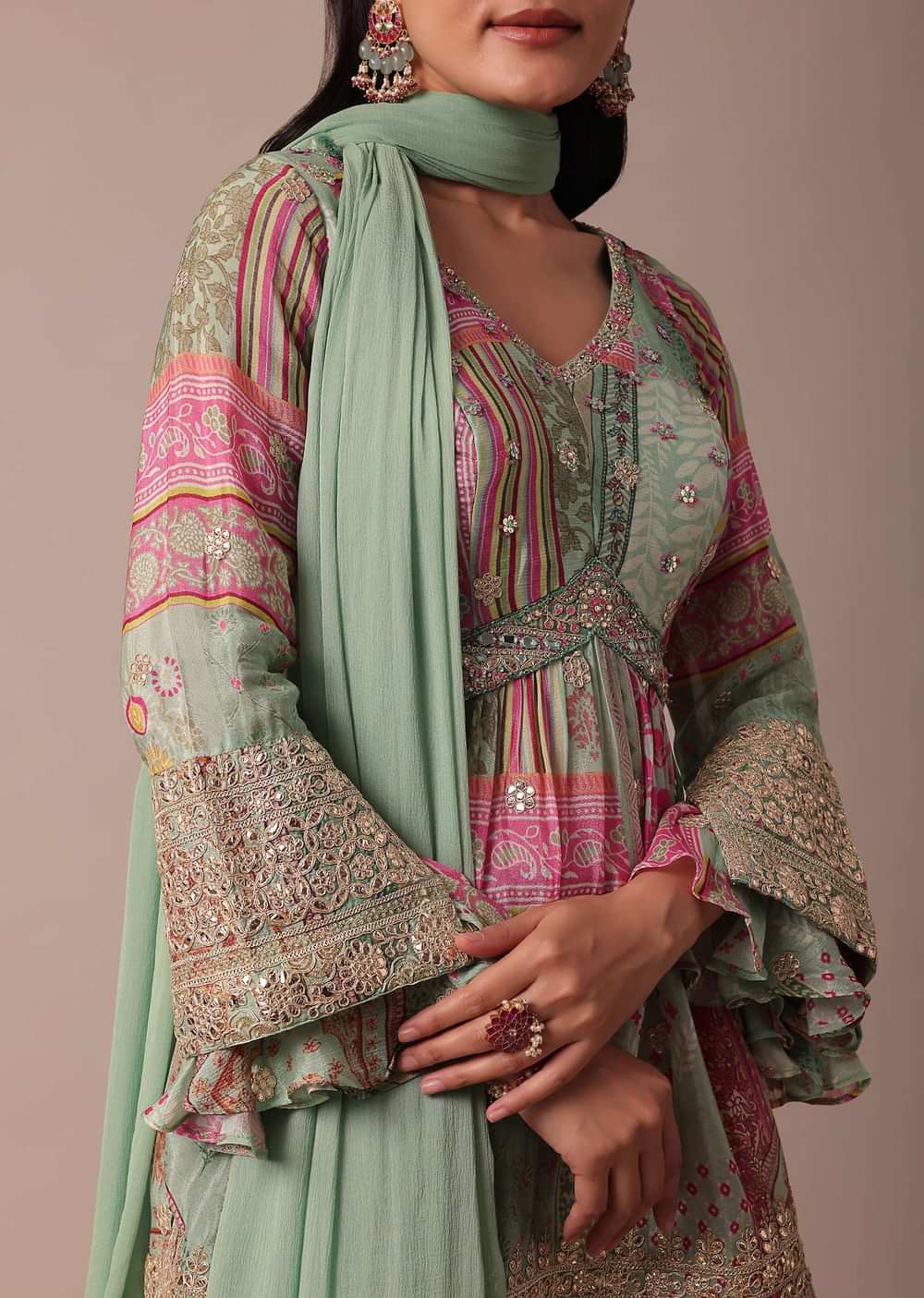 Green Chiffon Sharara Set With Printed Peplum Top