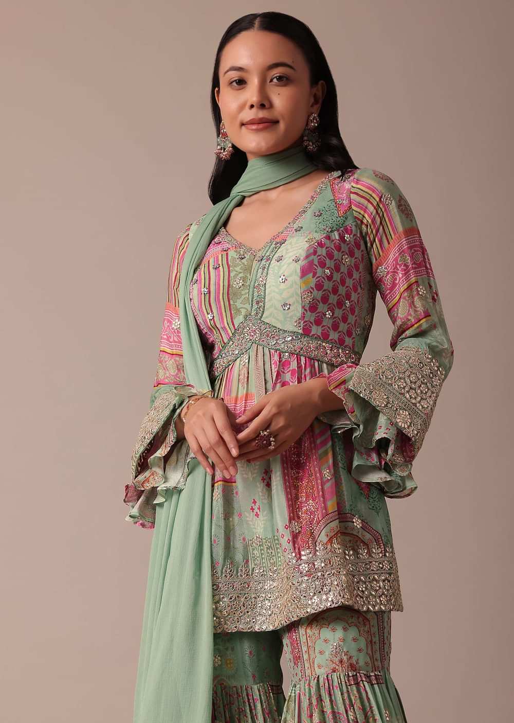 Green Chiffon Sharara Set With Printed Peplum Top