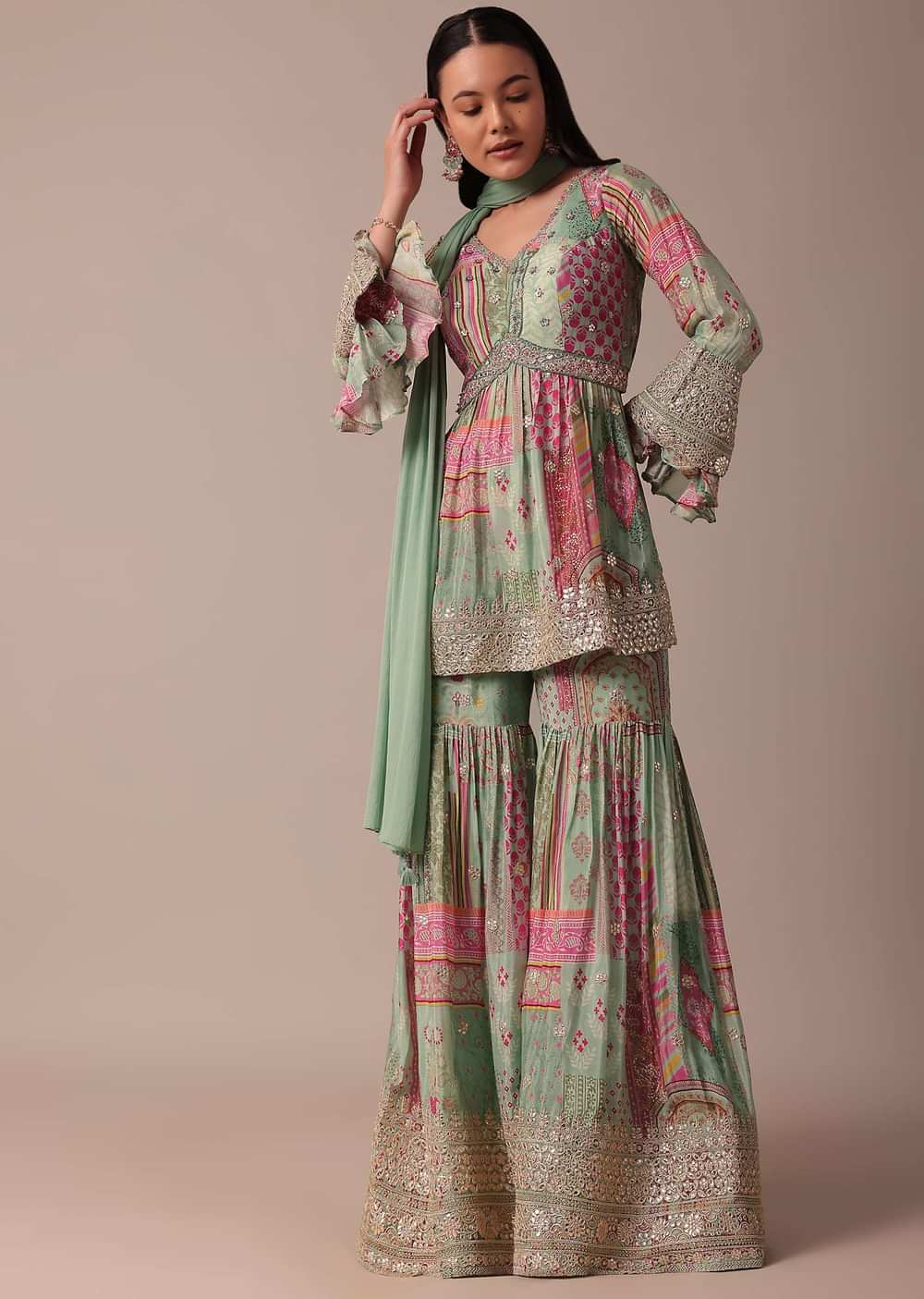 Green Chiffon Sharara Set With Printed Peplum Top