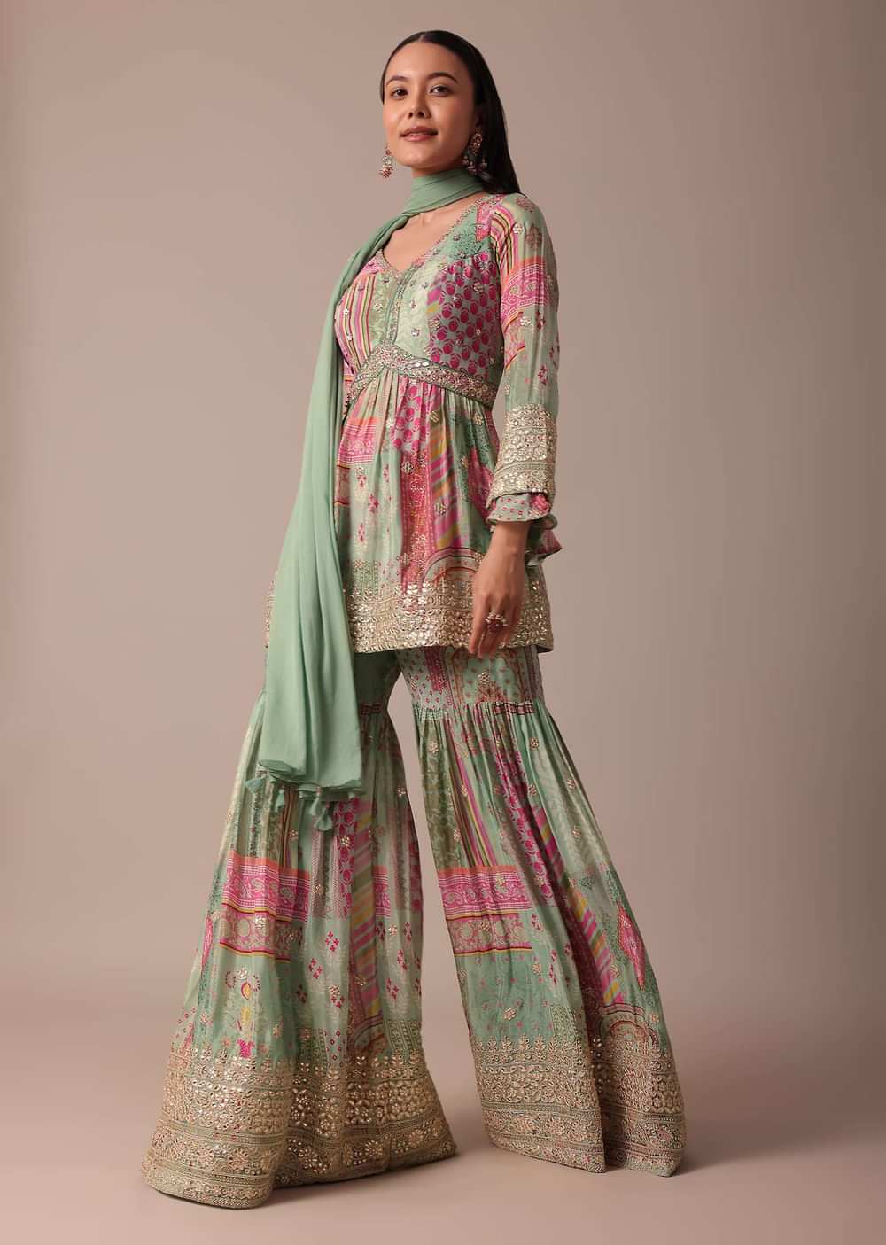Green Chiffon Sharara Set With Printed Peplum Top
