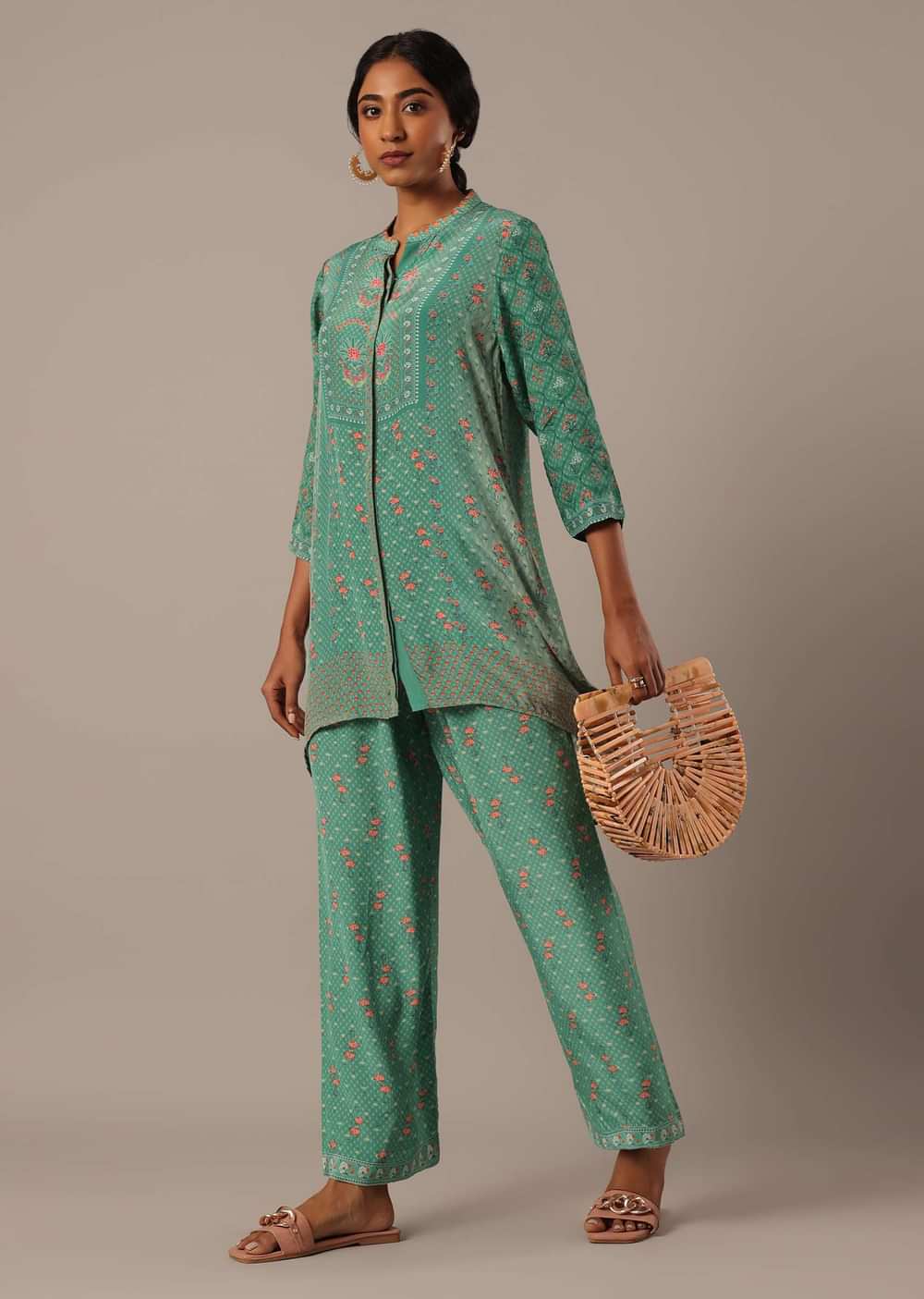 Green Chiffon Short Kurti And Pant Set With Floral Prints