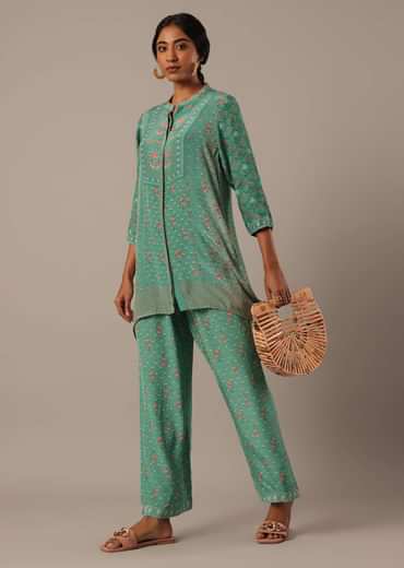 Green Chiffon Short Kurti And Pant Set With Floral Prints
