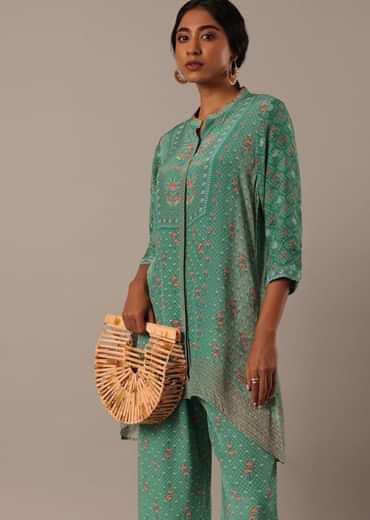 Green Chiffon Short Kurti And Pant Set With Floral Prints