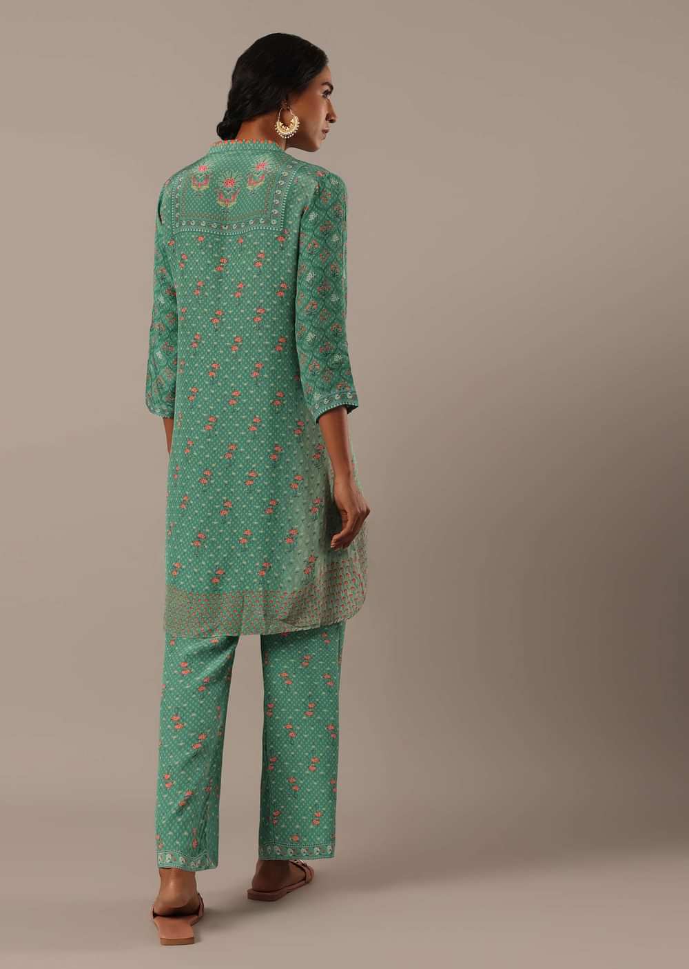 Green Chiffon Short Kurti And Pant Set With Floral Prints