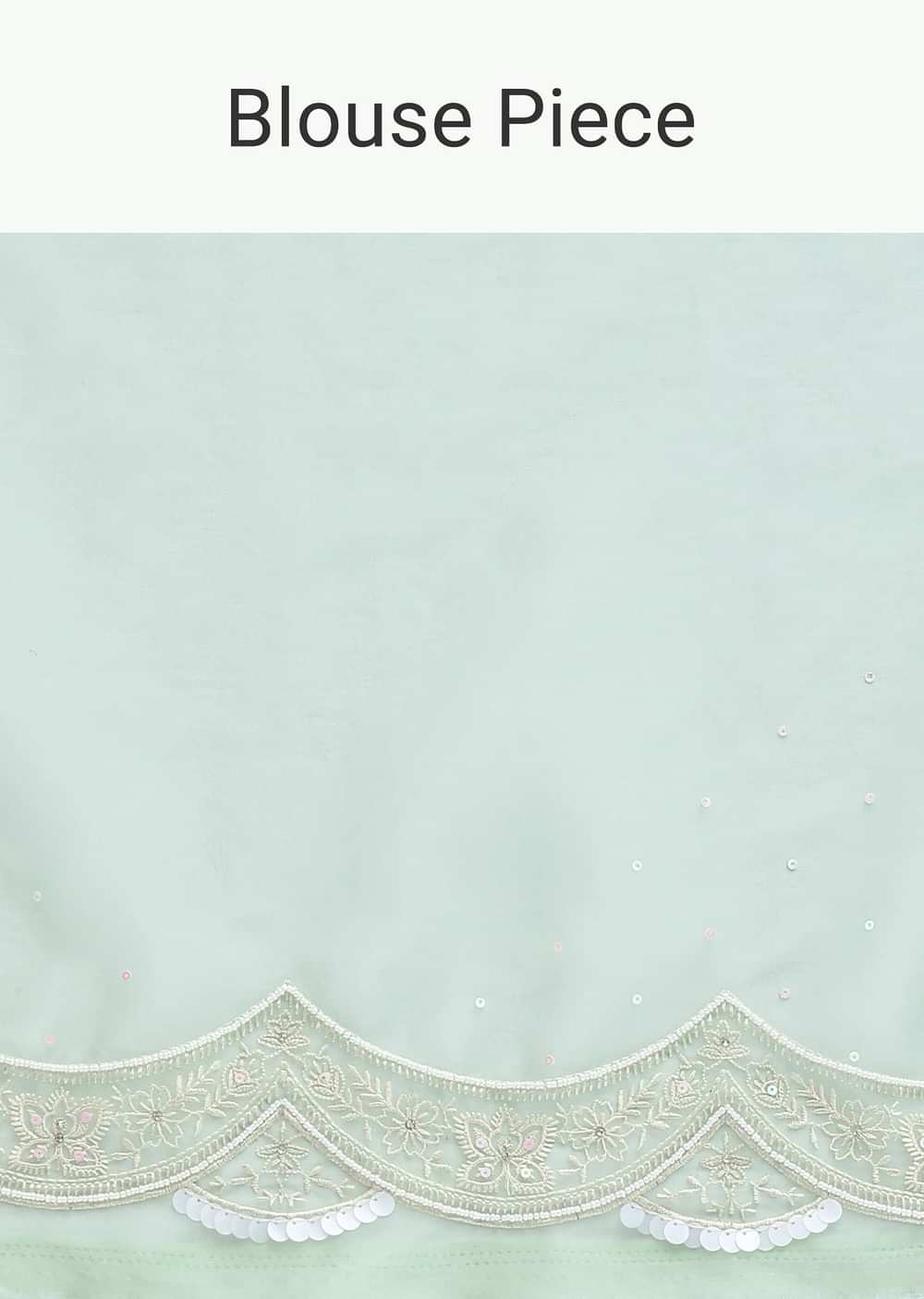 Green Chikankari Saree In Organza Silk With Sequin Scallop Border And Unstitched Blouse Fabric