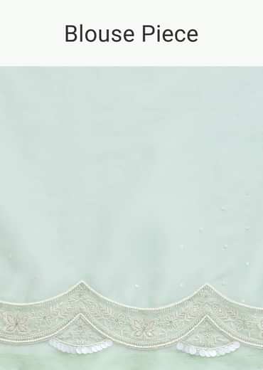 Green Chikankari Saree In Organza Silk With Sequin Scallop Border And Unstitched Blouse Fabric