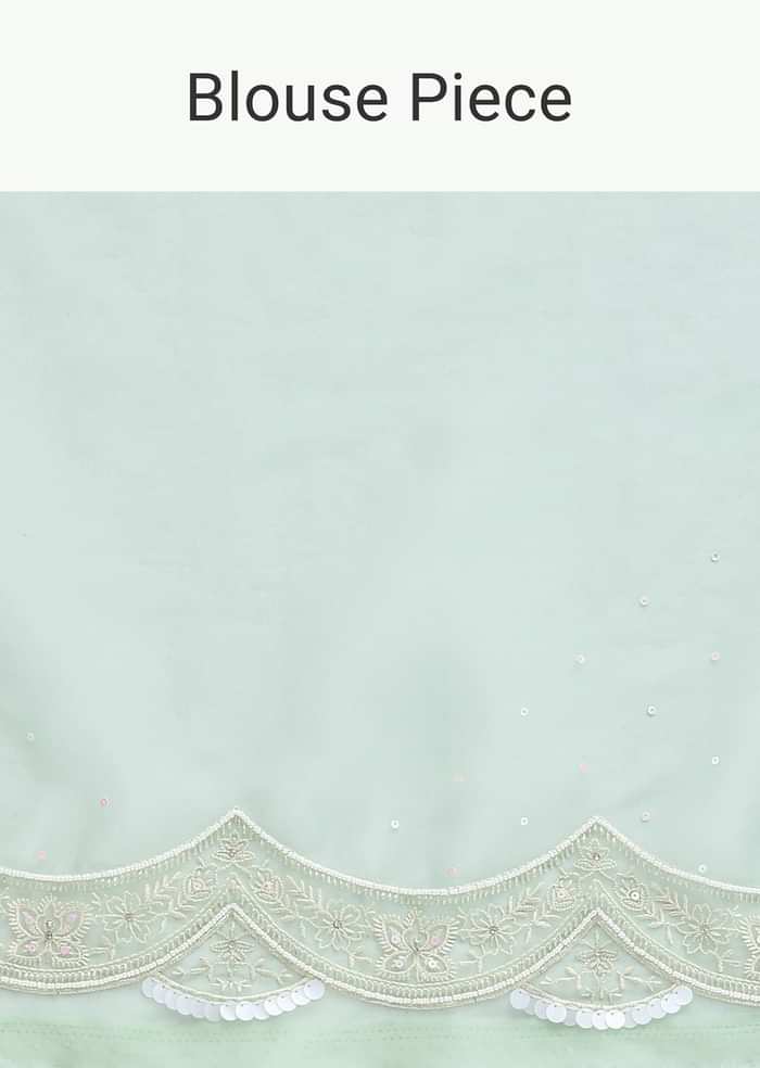 Green Chikankari Saree In Organza Silk With Sequin Scallop Border And Unstitched Blouse Fabric