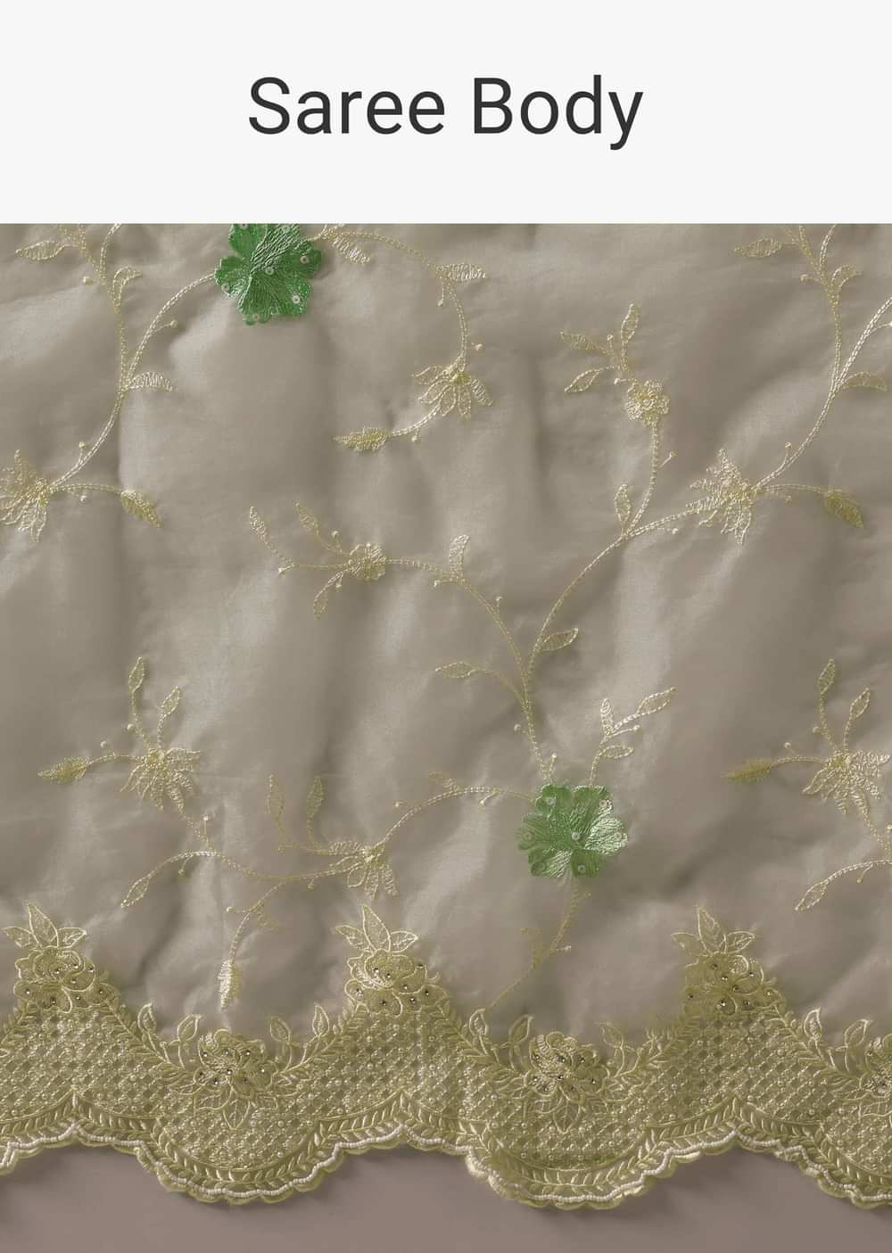 Green Chikankari Saree In Organza Silk With Resham Floral Jaal And Unstitched Blouse Fabric