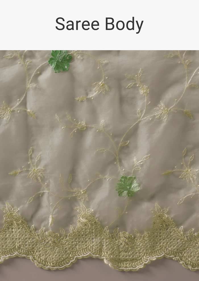Green Chikankari Saree In Organza Silk With Resham Floral Jaal And Unstitched Blouse Fabric