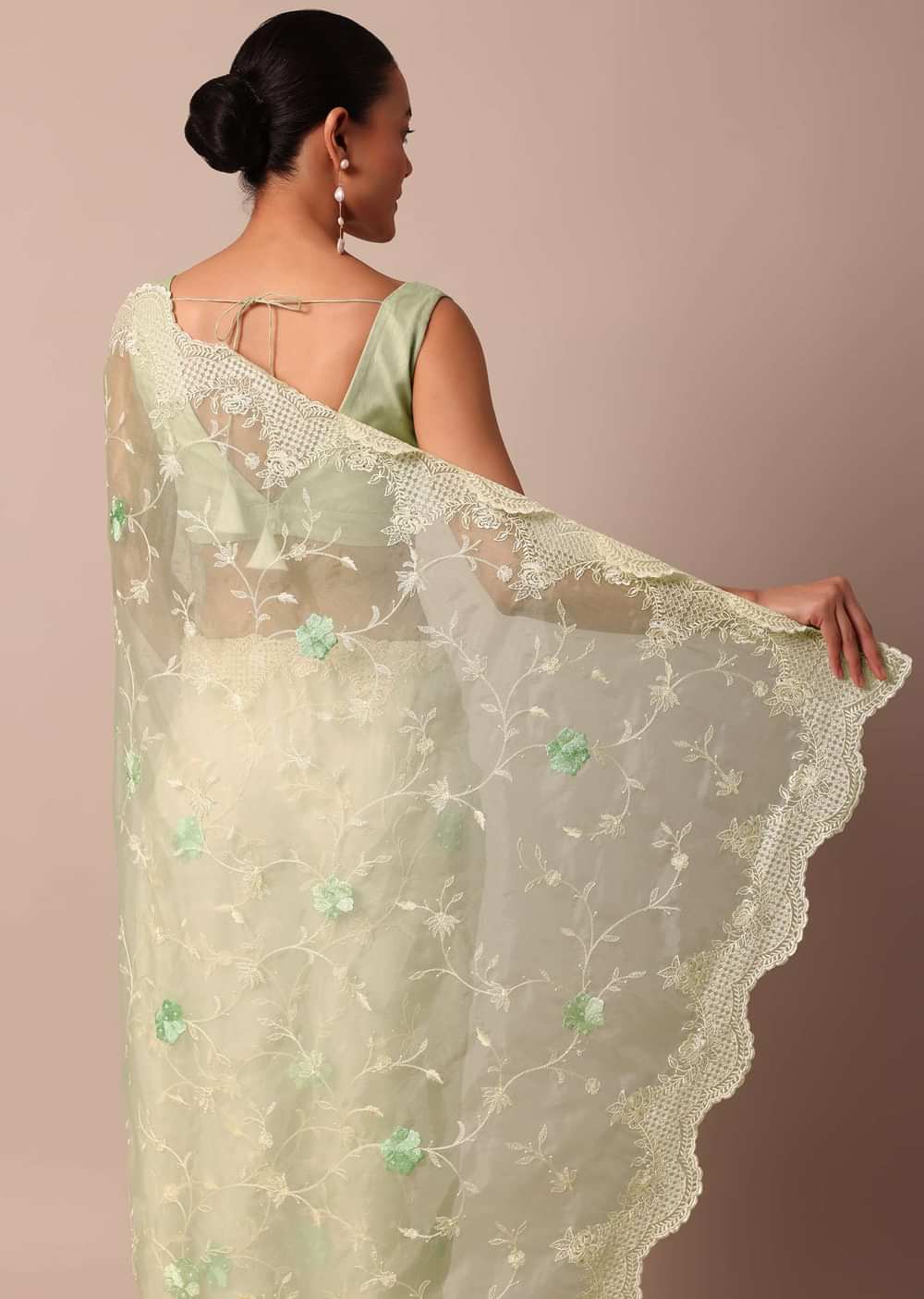Green Chikankari Saree In Organza Silk With Resham Floral Jaal And Unstitched Blouse Fabric