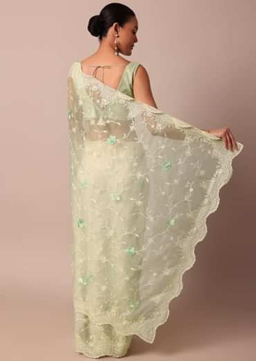 Green Chikankari Saree In Organza Silk With Resham Floral Jaal And Unstitched Blouse Fabric