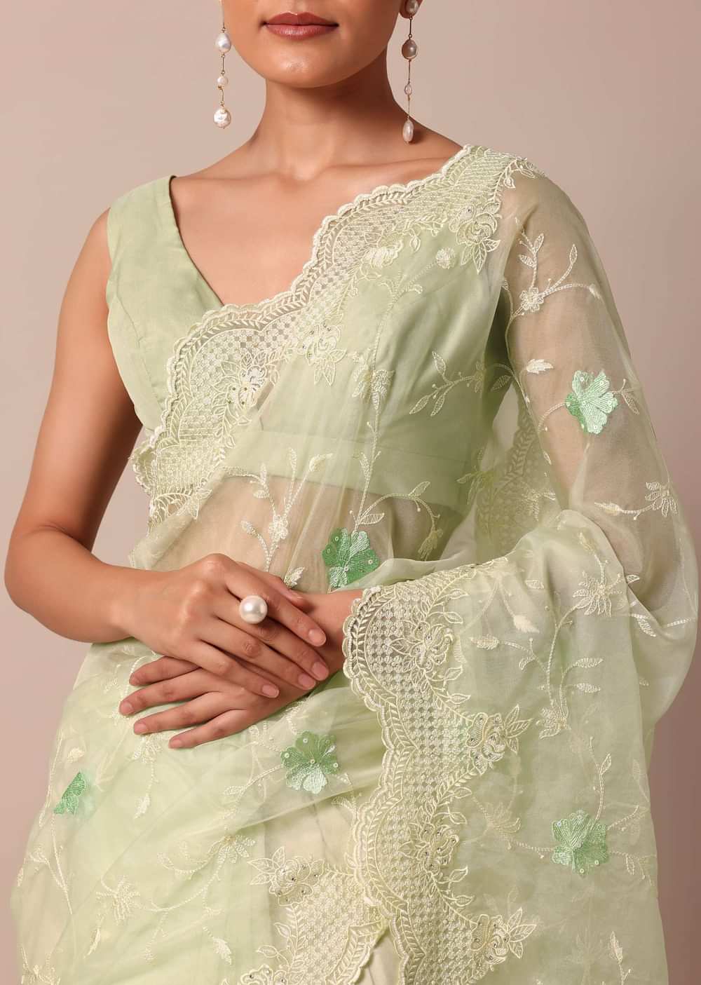 Green Chikankari Saree In Organza Silk With Resham Floral Jaal And Unstitched Blouse Fabric