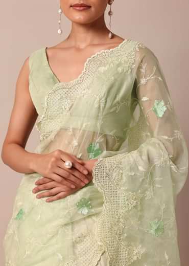Green Chikankari Saree In Organza Silk With Resham Floral Jaal And Unstitched Blouse Fabric
