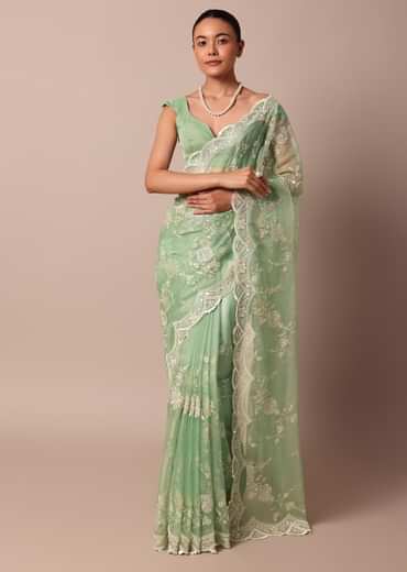 Green Chikankari Saree In Organza Silk With Sequin Scallop Border And Unstitched Blouse Fabric