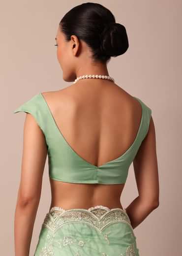 Green Chikankari Saree In Organza Silk With Sequin Scallop Border And Unstitched Blouse Fabric