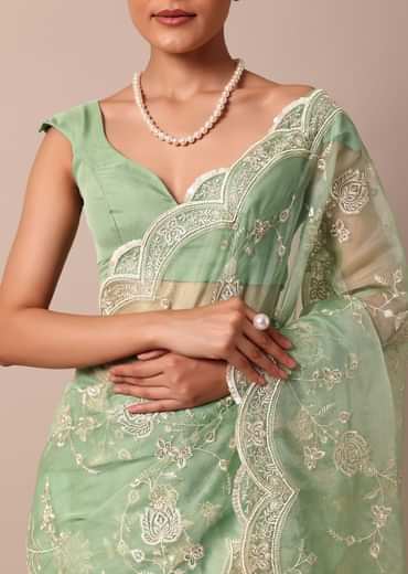 Green Chikankari Saree In Organza Silk With Sequin Scallop Border And Unstitched Blouse Fabric