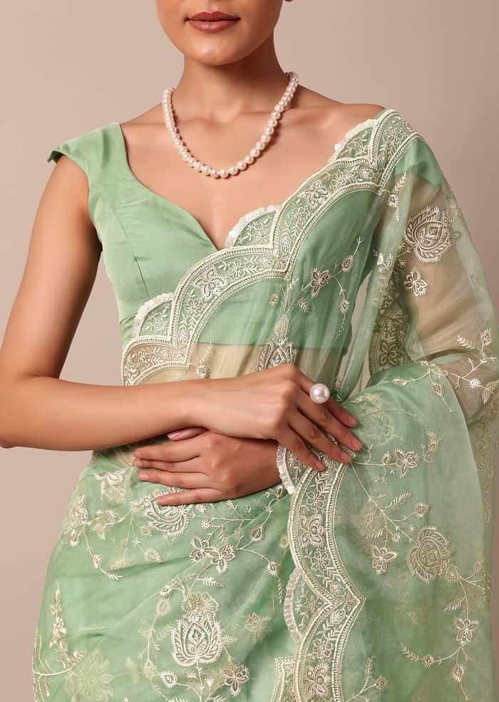Green Chikankari Saree In Organza Silk With Sequin Scallop Border And Unstitched Blouse Fabric