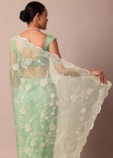 Green Chikankari Saree In Organza Silk With Sequin Scallop Border And Unstitched Blouse Fabric