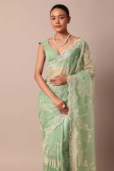 Green Chikankari Saree In Organza Silk With Sequin Scallop Border And Unstitched Blouse Fabric