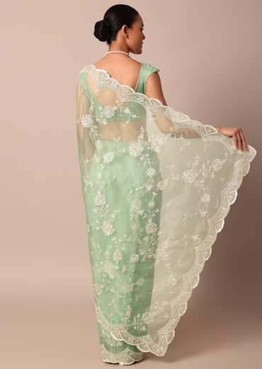 Green Chikankari Saree In Organza Silk With Sequin Scallop Border And Unstitched Blouse Fabric