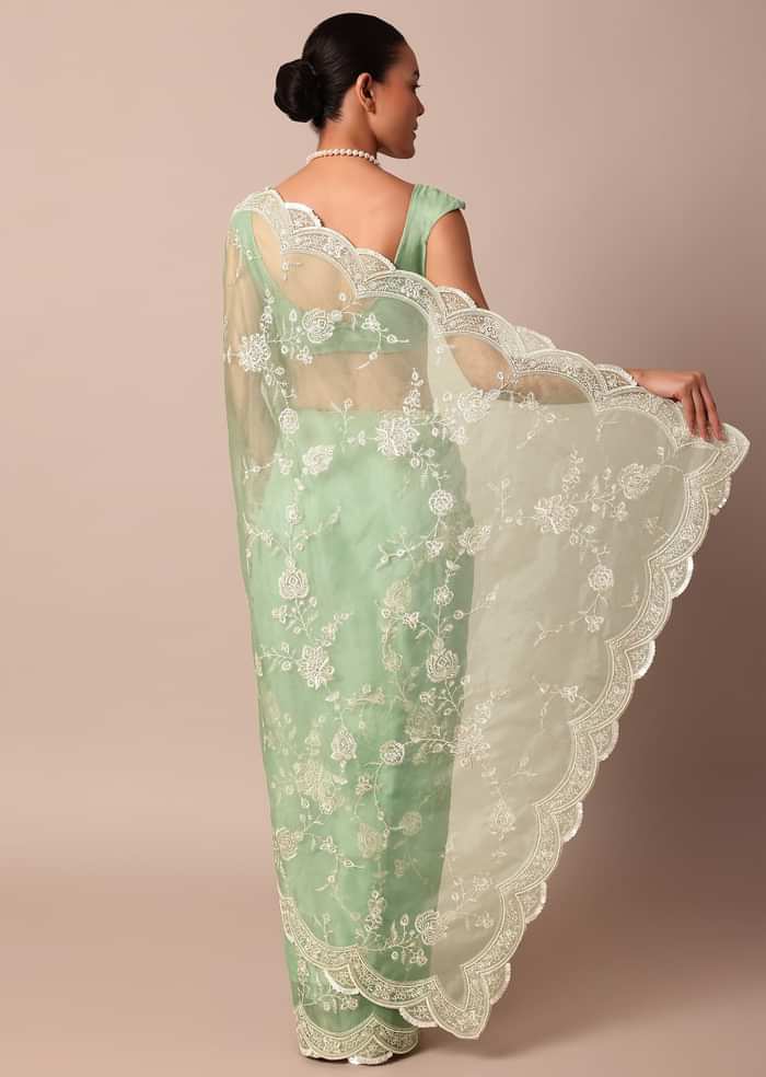 Green Chikankari Saree In Organza Silk With Sequin Scallop Border And Unstitched Blouse Fabric