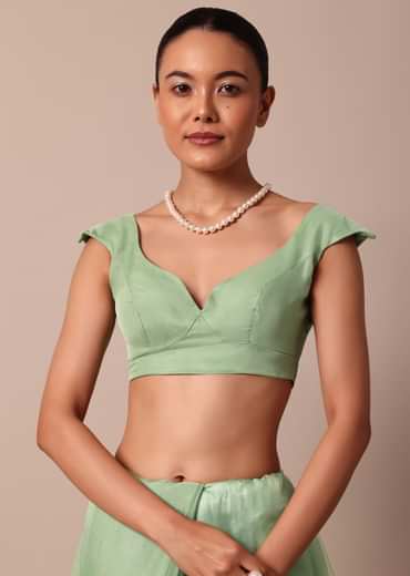 Green Chikankari Saree In Organza Silk With Sequin Scallop Border And Unstitched Blouse Fabric