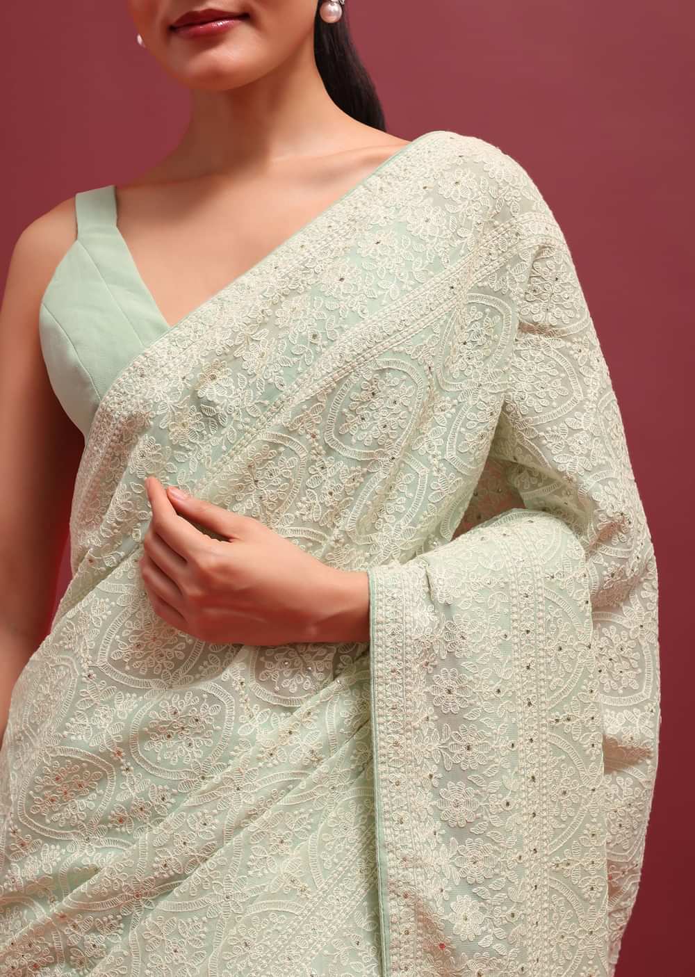 Green Chikankari Saree With Badla Work And Unstitched Blouse