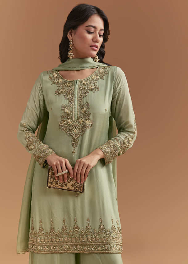 Green Chinon Palazzo Suit With Moti And Cutdana Embroidery Green Chinon Palazzo Suit With Moti And Cutdana Embroidery