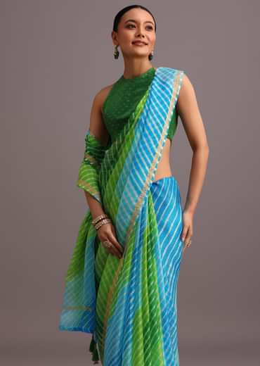 Green Cotton Kota Dual Shaded Hand Dyed Leheriya Saree With Zari Weave Border