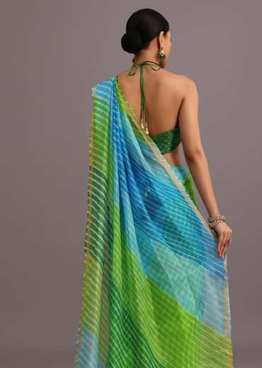 Green Cotton Kota Dual Shaded Hand Dyed Leheriya Saree With Zari Weave Border