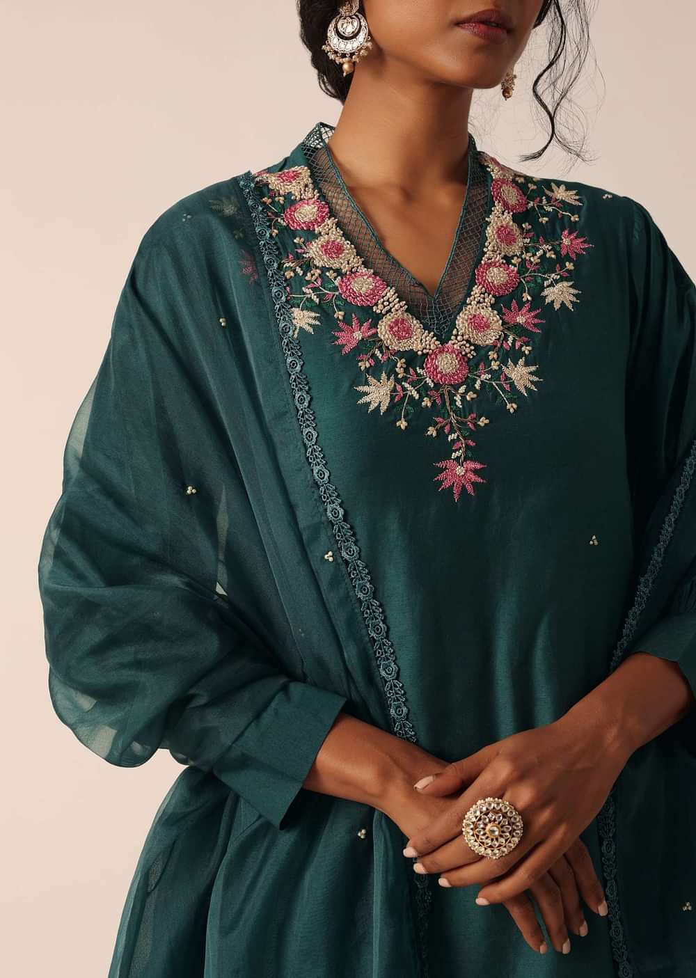 Green Cotton Pant Set With Organza Dupatta
