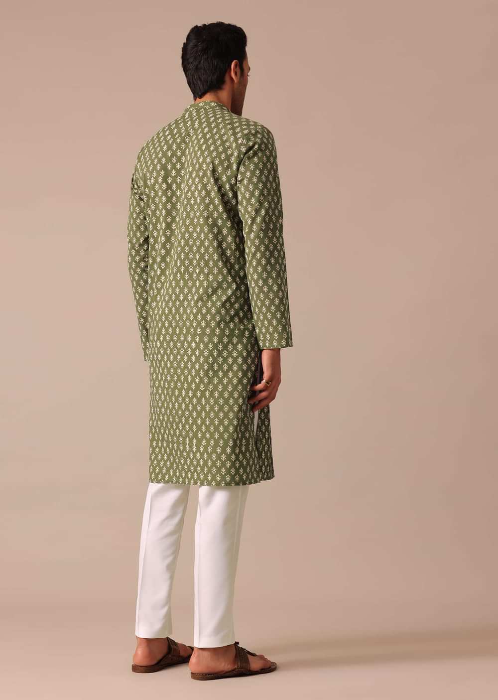 Green Cotton Printed Kurta Set With Pintuck Detail