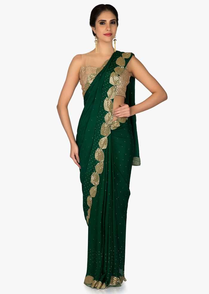Green Crepe Chiffon Saree and Blouse Embellished with Zardosi only on Kalki
