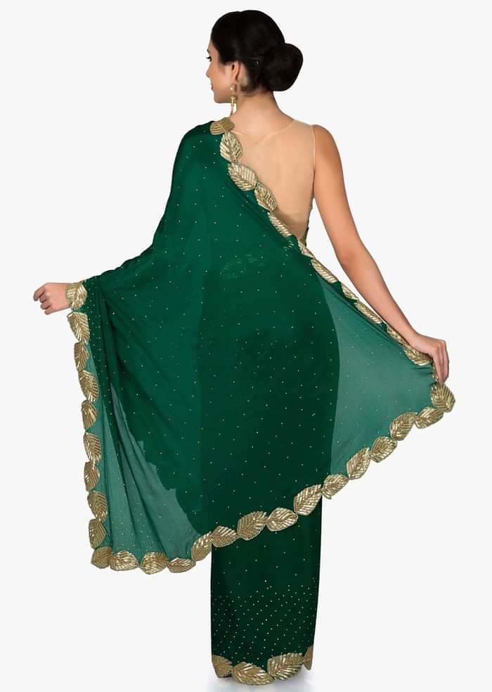 Green Crepe Chiffon Saree and Blouse Embellished with Zardosi only on Kalki