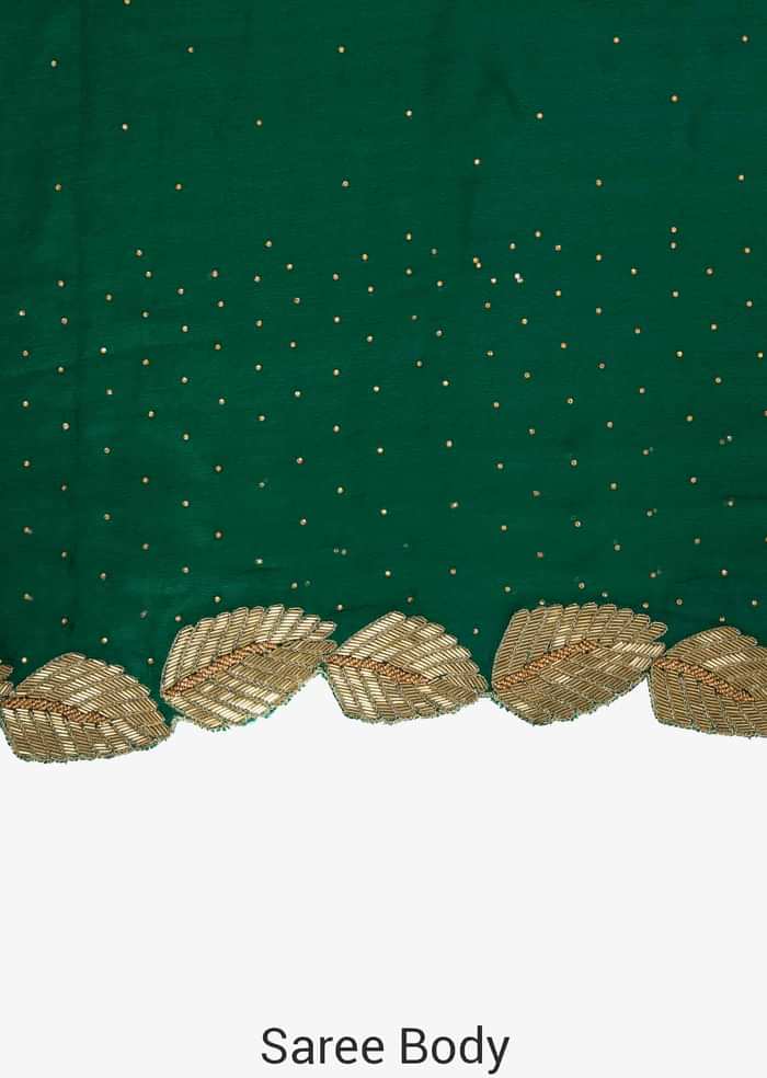 Green Crepe Chiffon Saree and Blouse Embellished with Zardosi only on Kalki