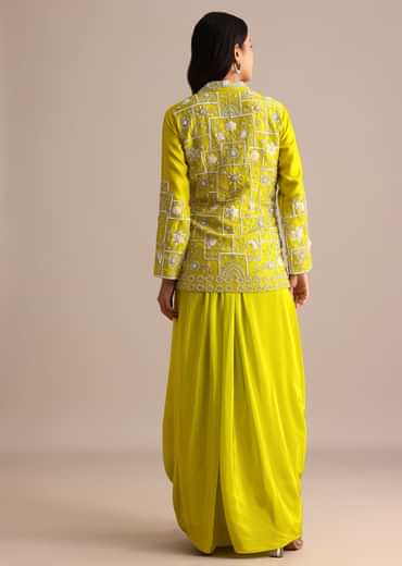 Green Crepe Pleated Gown With Embroidered Jacket