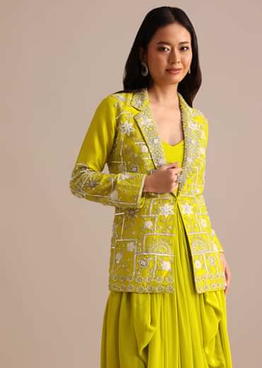 Green Crepe Pleated Gown With Embroidered Jacket