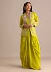 Green Crepe Pleated Gown With Embroidered Jacket