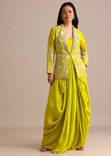Green Crepe Pleated Gown With Embroidered Jacket