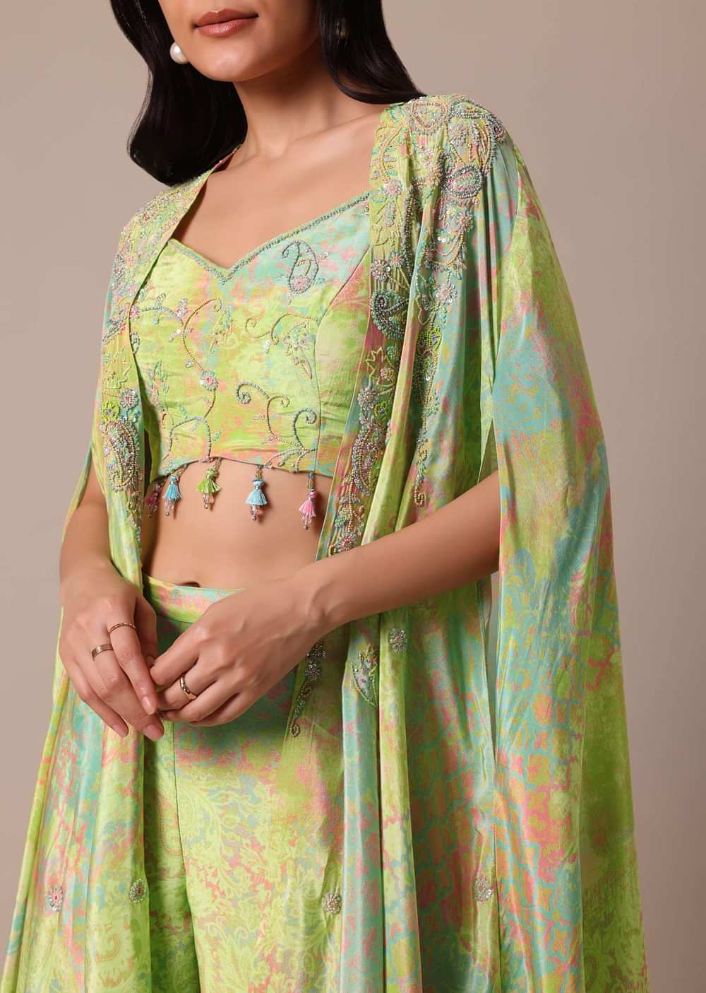 Green Crop Top And Jacket Set With Sequin Work