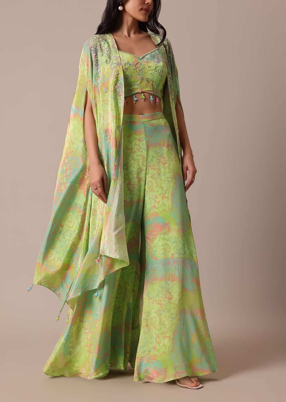 Green Crop Top And Jacket Set With Sequin Work