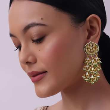 Green And Gold Toned Kundan Earrings