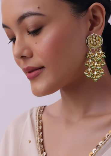Green And Gold Toned Kundan Earrings